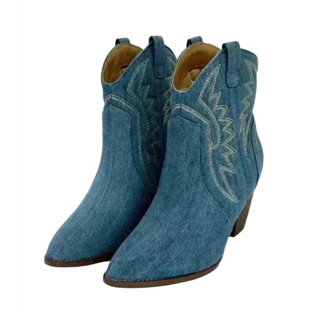 QUPID / Zane-72 / Denim / Western Ankle / Boots With Embroidered / Design & Stac - Picture 3 of 9